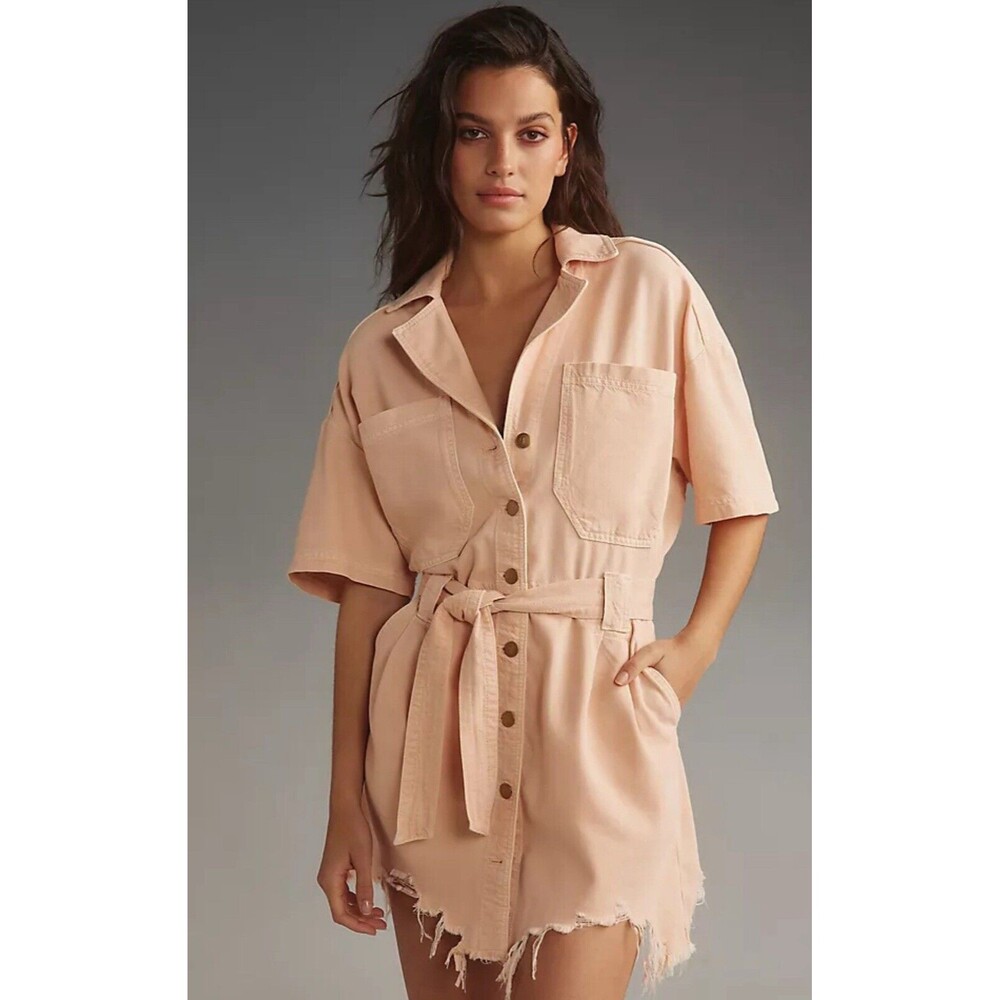 Anthropologie Pilcro Denim Mini Dress Peach Short-Sleeve Destructed XLarge NWT